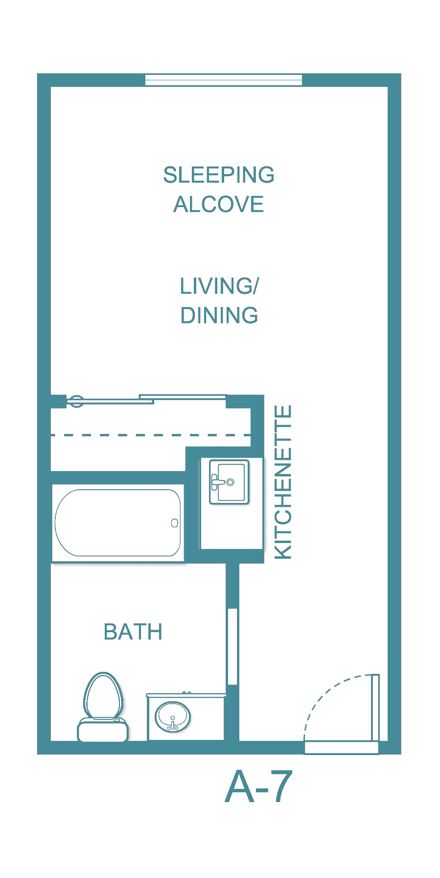 A simple floor plan of a studio apartment with a kitchenette, living/dining area, and bathroom.