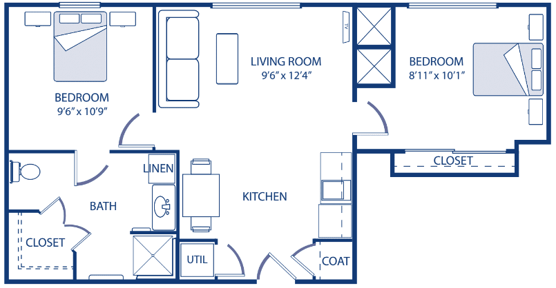 A floor plan of a one-bedroom apartment featuring a living room, kitchen, and utility areas.