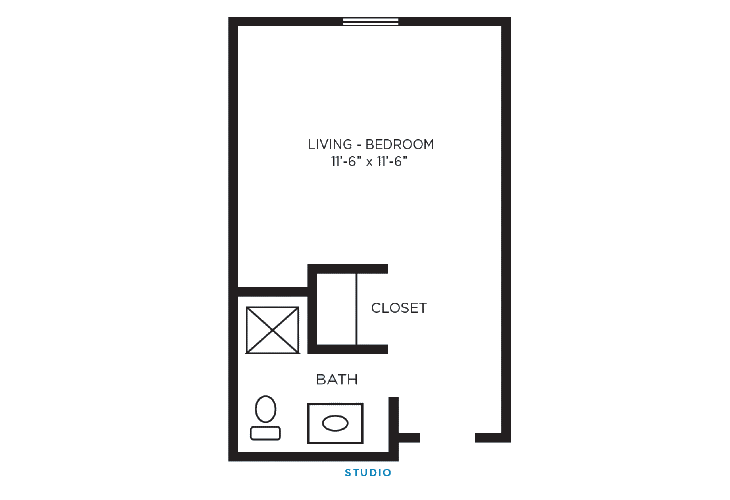 Floor plan of a studio apartment with a living-bedroom area, bathroom, and closet.