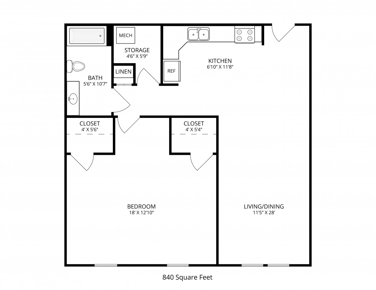 A blueprint of a one-bedroom apartment with designated kitchen, living room, and bathroom areas.