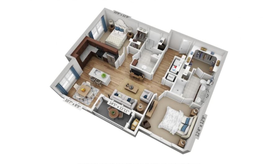 A 3D rendered floor plan of a modern two-bedroom apartment.