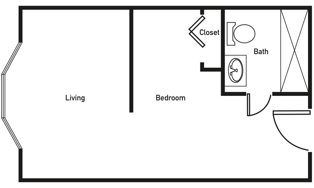 A simple floor plan of an apartment with a living area, bedroom, bathroom, and closet.