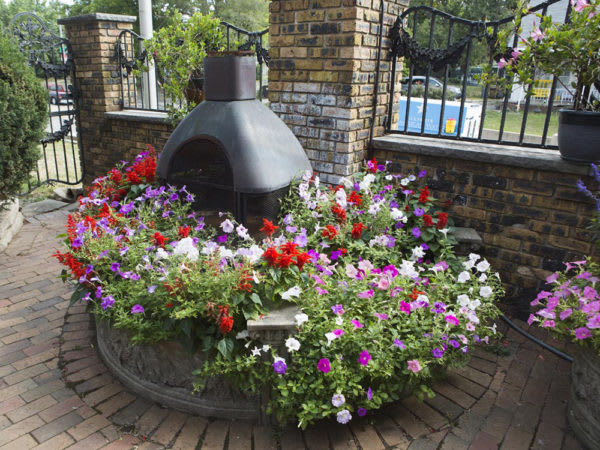 A vibrant garden display with colorful flowers surrounding a chiminea against a brick wall backdrop.