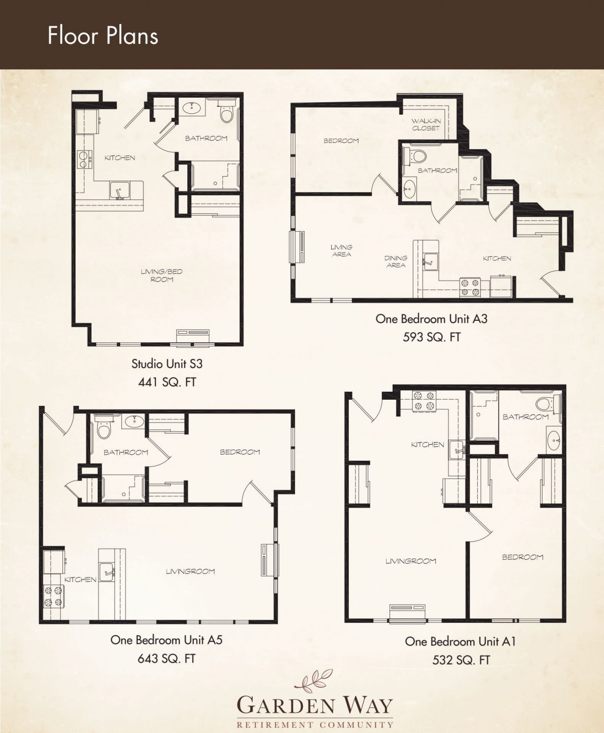 A collection of floor plans for different apartment layouts, including studio, one-bedroom, and two-bedroom options.