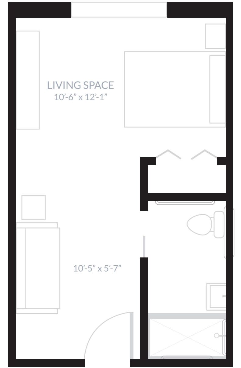 A floor plan showing the layout of a small apartment with living space and bathroom.