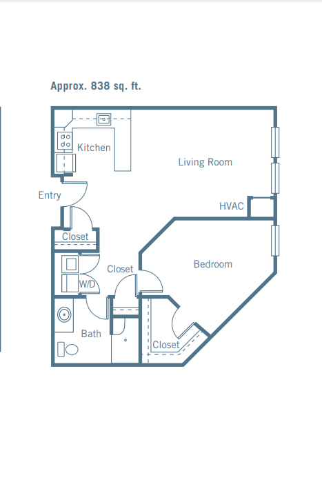A floor plan of a one-bedroom apartment featuring a living room, kitchen, bathroom, and closets.