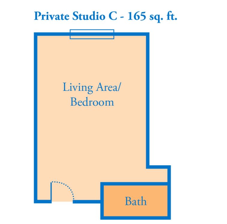 A floor plan of a Private Studio C with a total area of 165 square feet, featuring a combined living and bedroom area along with a bathroom.