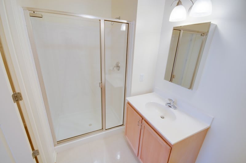 A modern bathroom with a glass shower enclosure and a wooden vanity with sink.