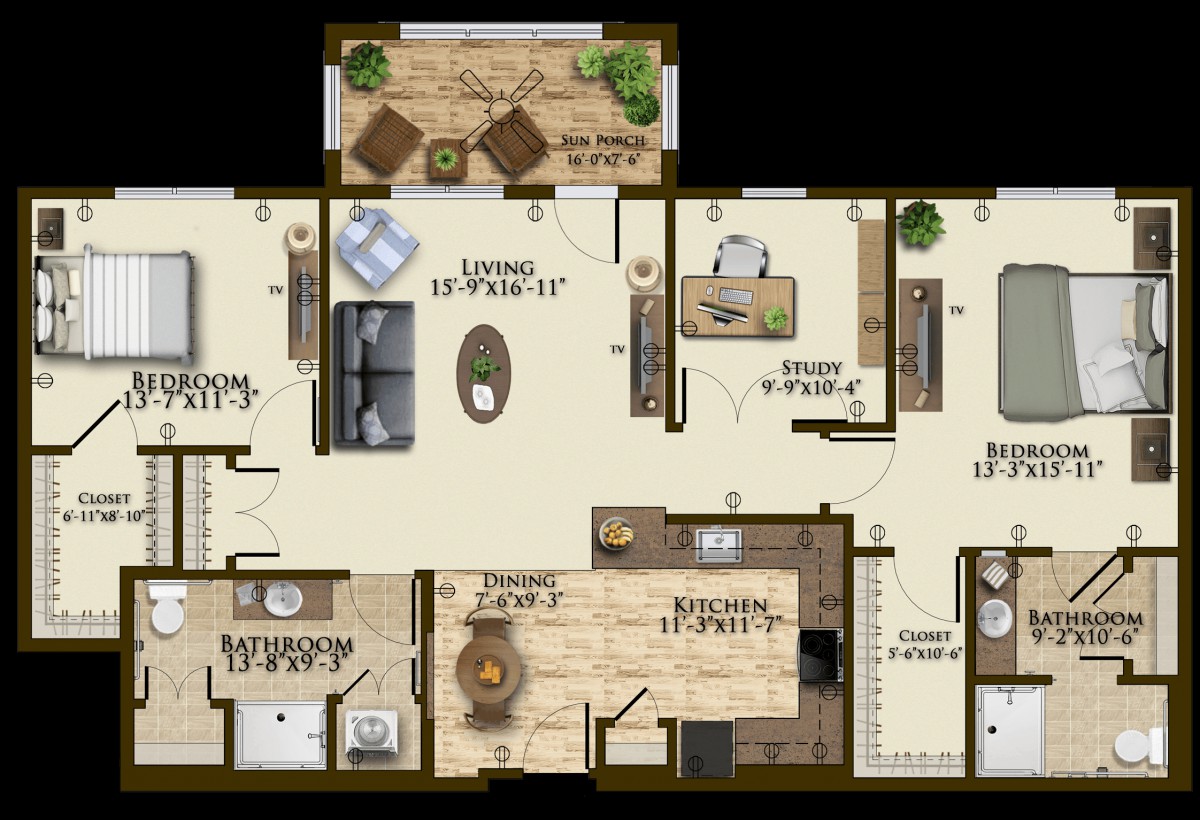 A detailed floor plan of a residential apartment showcasing room layouts and furniture placement.