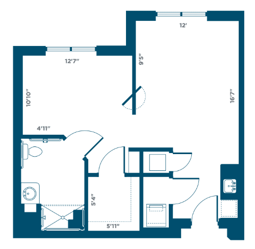 An architectural floor plan showing the layout and dimensions of an apartment.