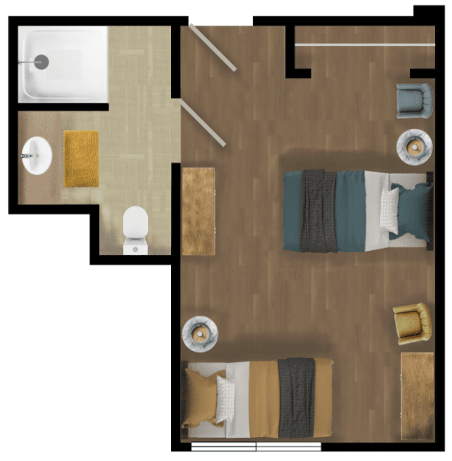 A floor plan showing a bedroom with two beds and an adjoining bathroom.