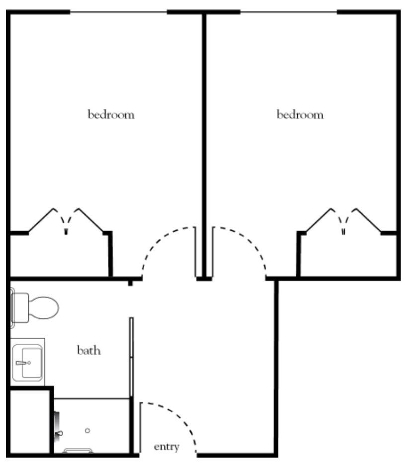 A simple floor plan layout showing two bedrooms and a bathroom.