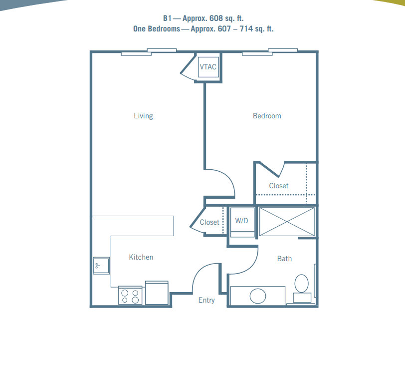 Floor plan of a one-bedroom apartment layout.
