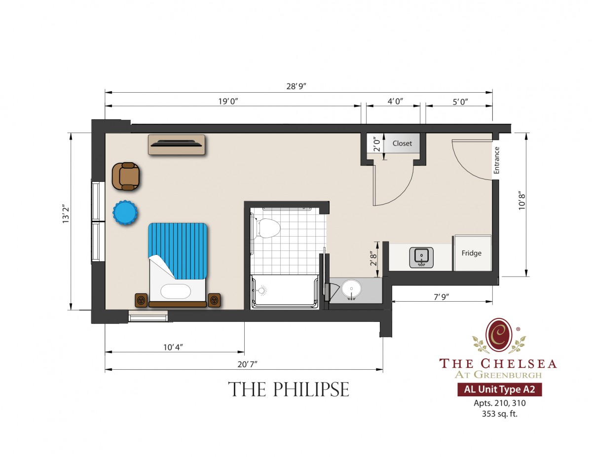 A floor plan of a studio apartment labeled 'The Philipse', showing the layout and dimensions of the living space.