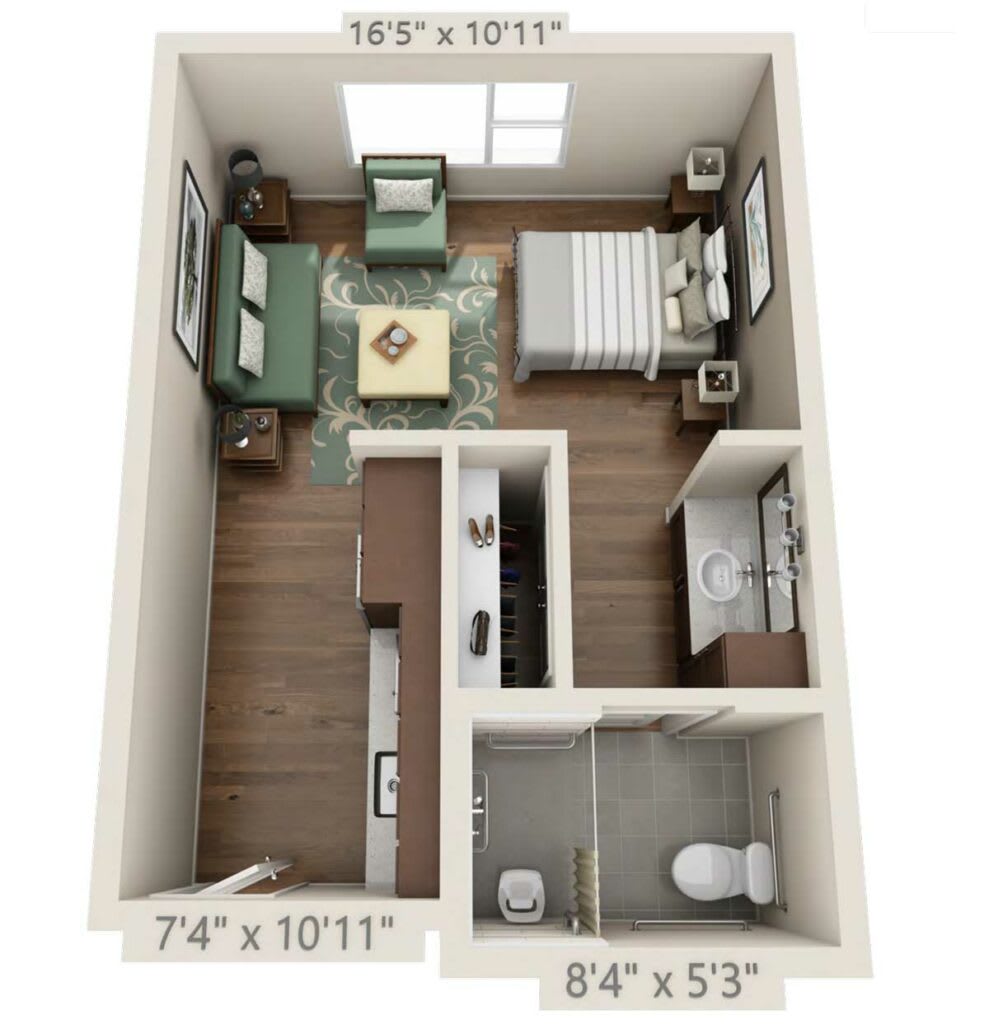 Studio apartment floor plan with a compact layout featuring a living area, bedroom, kitchen, and bathroom.