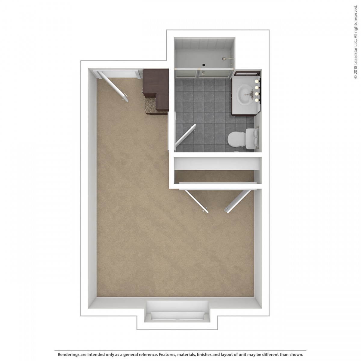 A simple floor plan showing a one-room apartment with a bathroom.