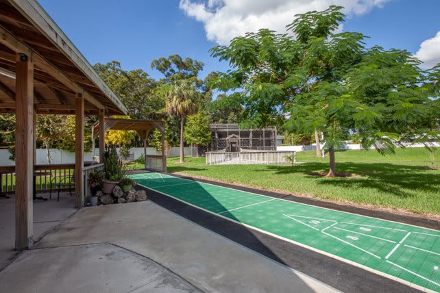 A sunny backyard featuring a shuffleboard court surrounded by trees and landscaped greenery.