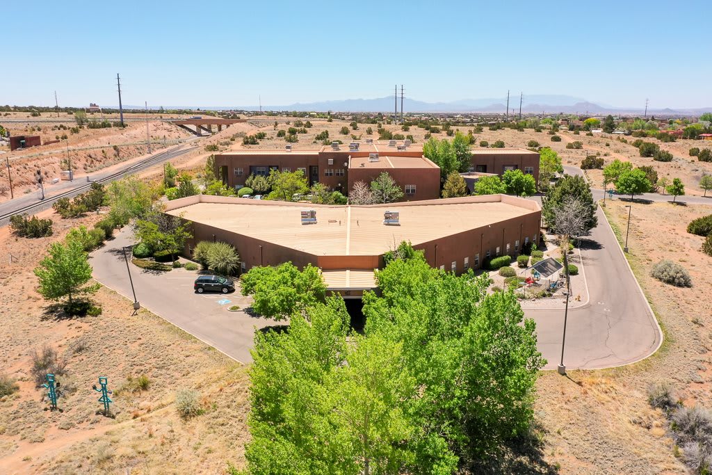 Aerial view of a building surrounded by desert landscape and trees.