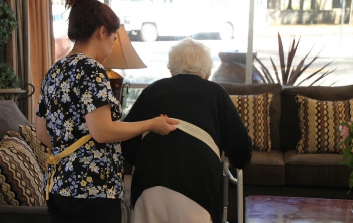 A caregiver assists an elderly person using a walker.