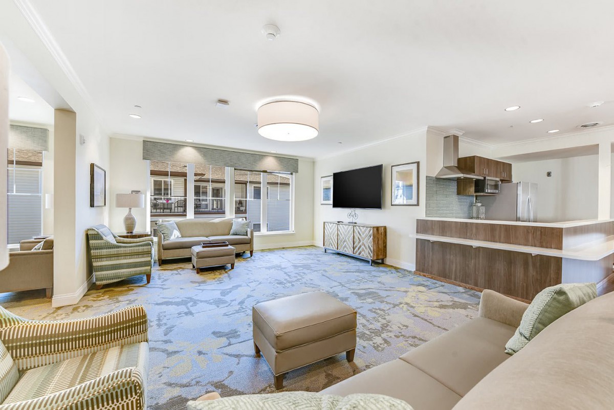 A modern living room with ample seating, a flat-screen TV, and contemporary decor.