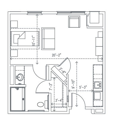 Detailed floor plan of a small apartment featuring a bedroom, bathroom, and living area.