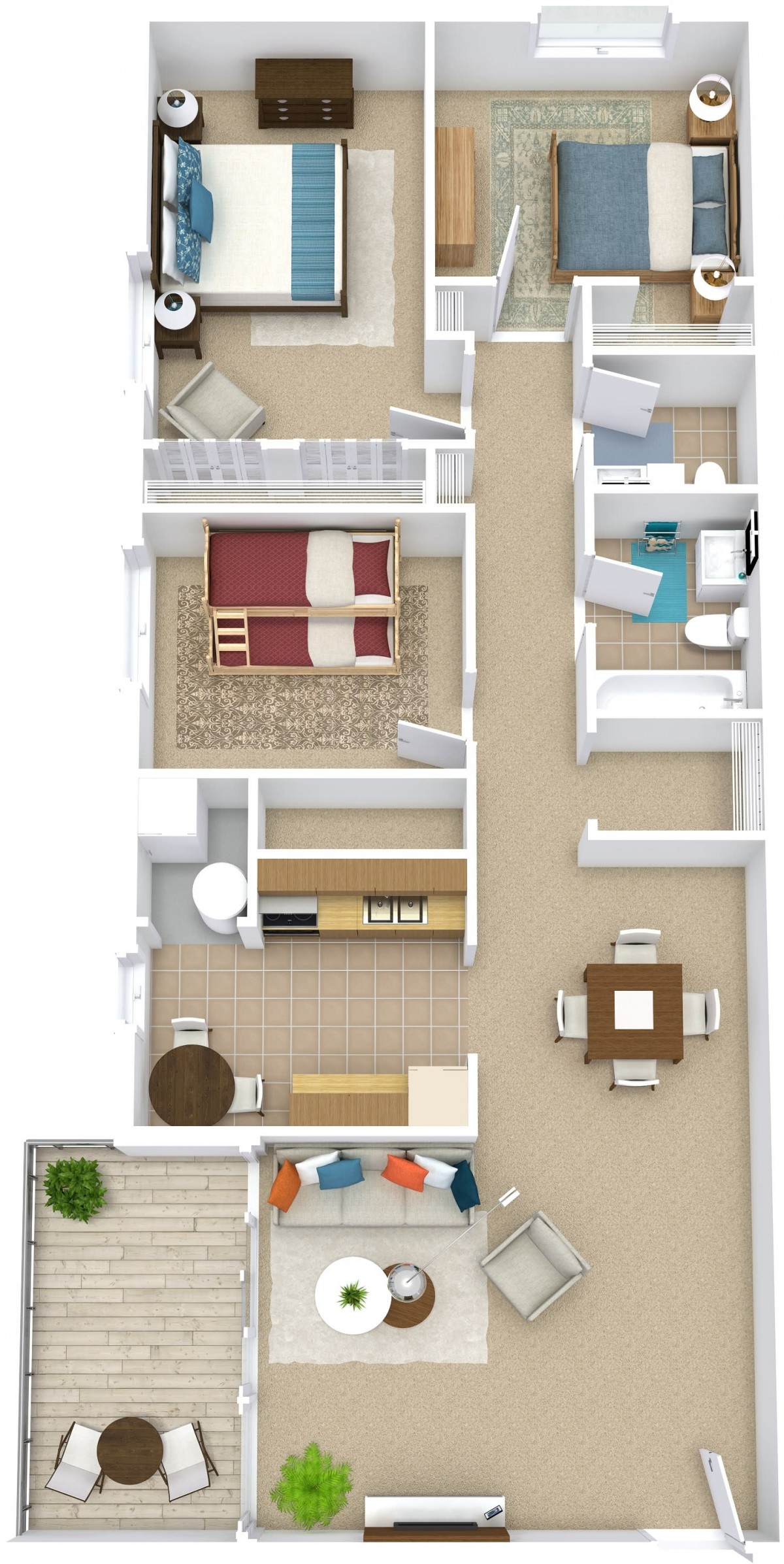 A detailed floor plan of a one-bedroom apartment showcasing the layout with a kitchen, dining area, living room, bedroom, and bathroom.