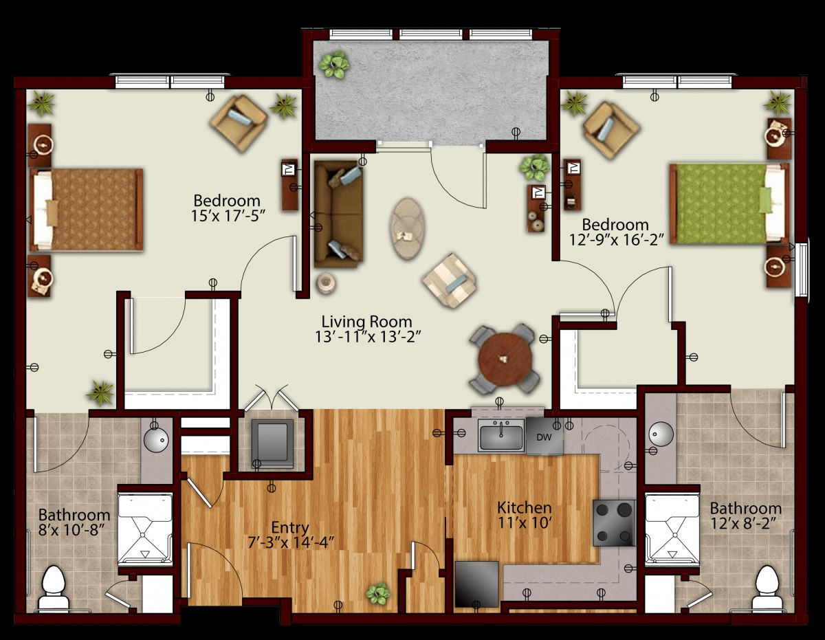 A floor plan of a two-bedroom apartment with a living room, kitchen, two bathrooms, and a balcony.