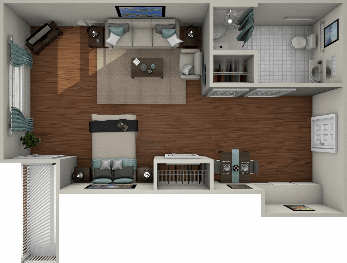 A top-down view of an apartment floor plan featuring a living room, bedroom, kitchen, and bathroom.