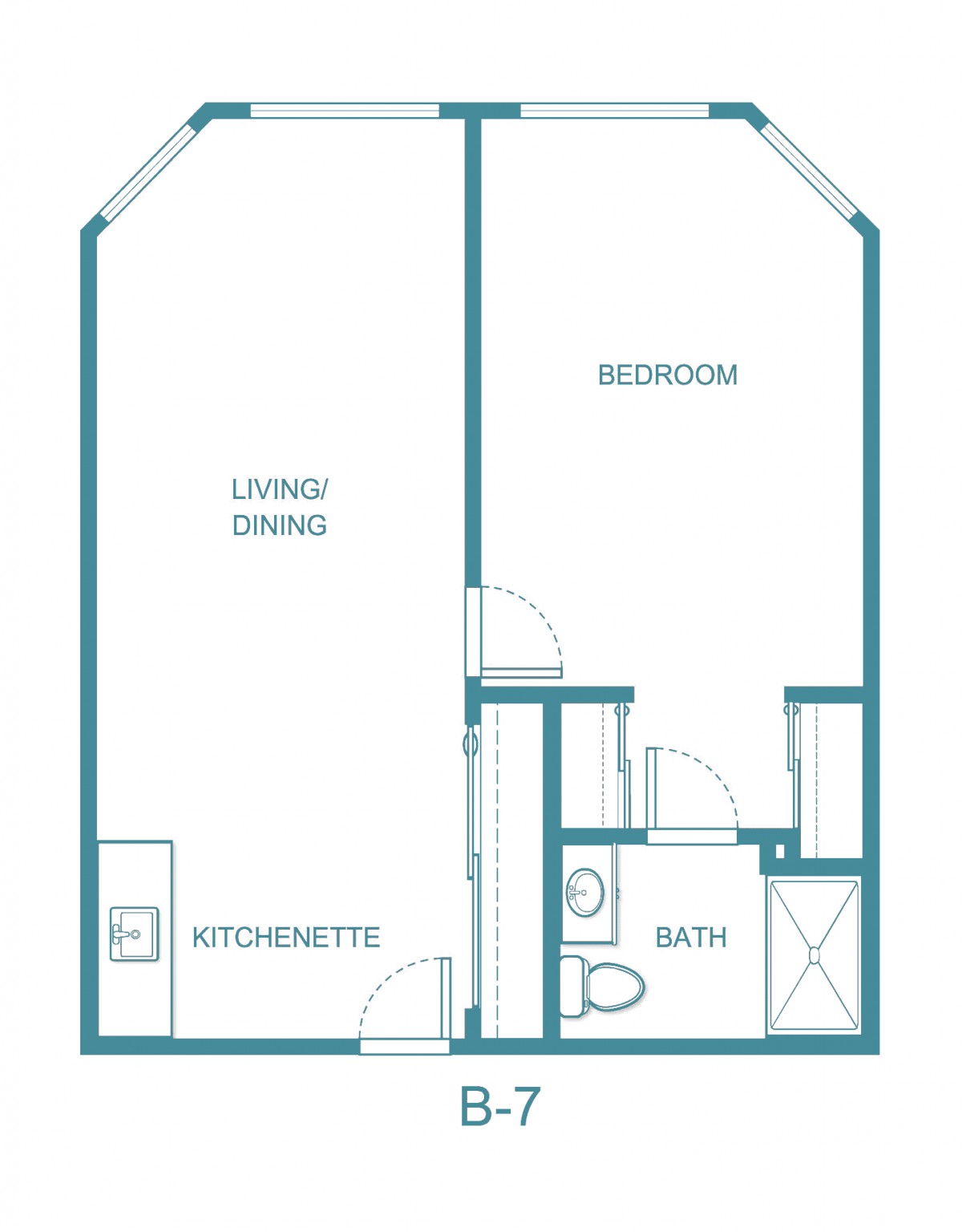 A simple floor plan featuring a living/dining area, kitchenette, bedroom, and bathroom.
