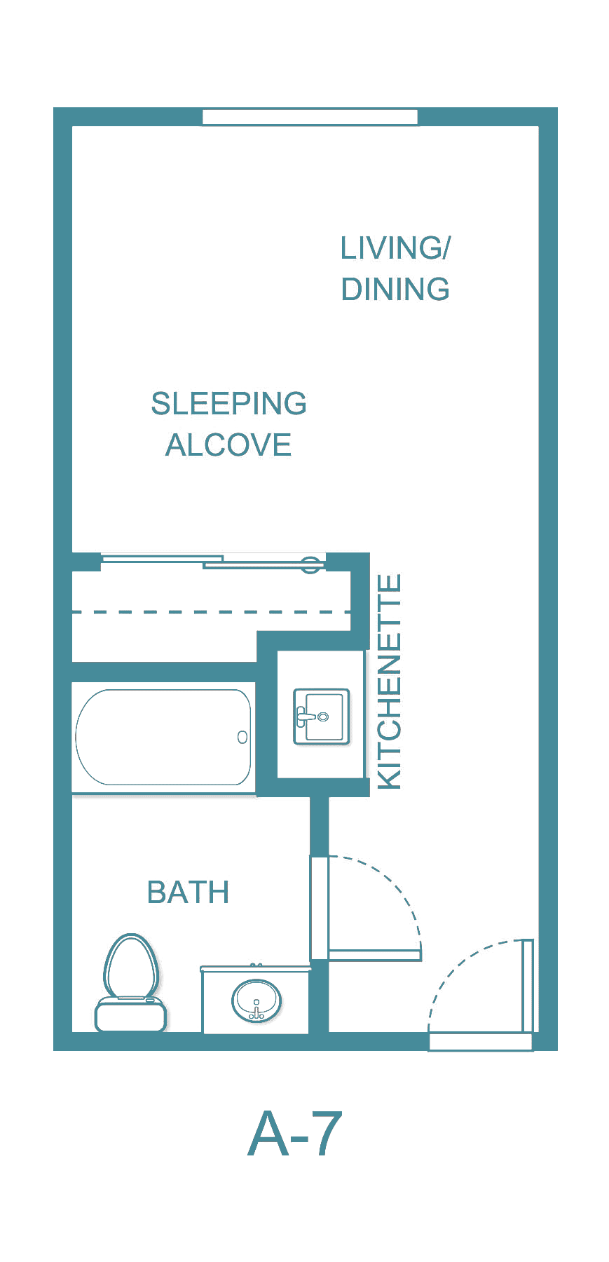 A floor plan of a studio apartment featuring a sleeping alcove, kitchenette, and bathroom.