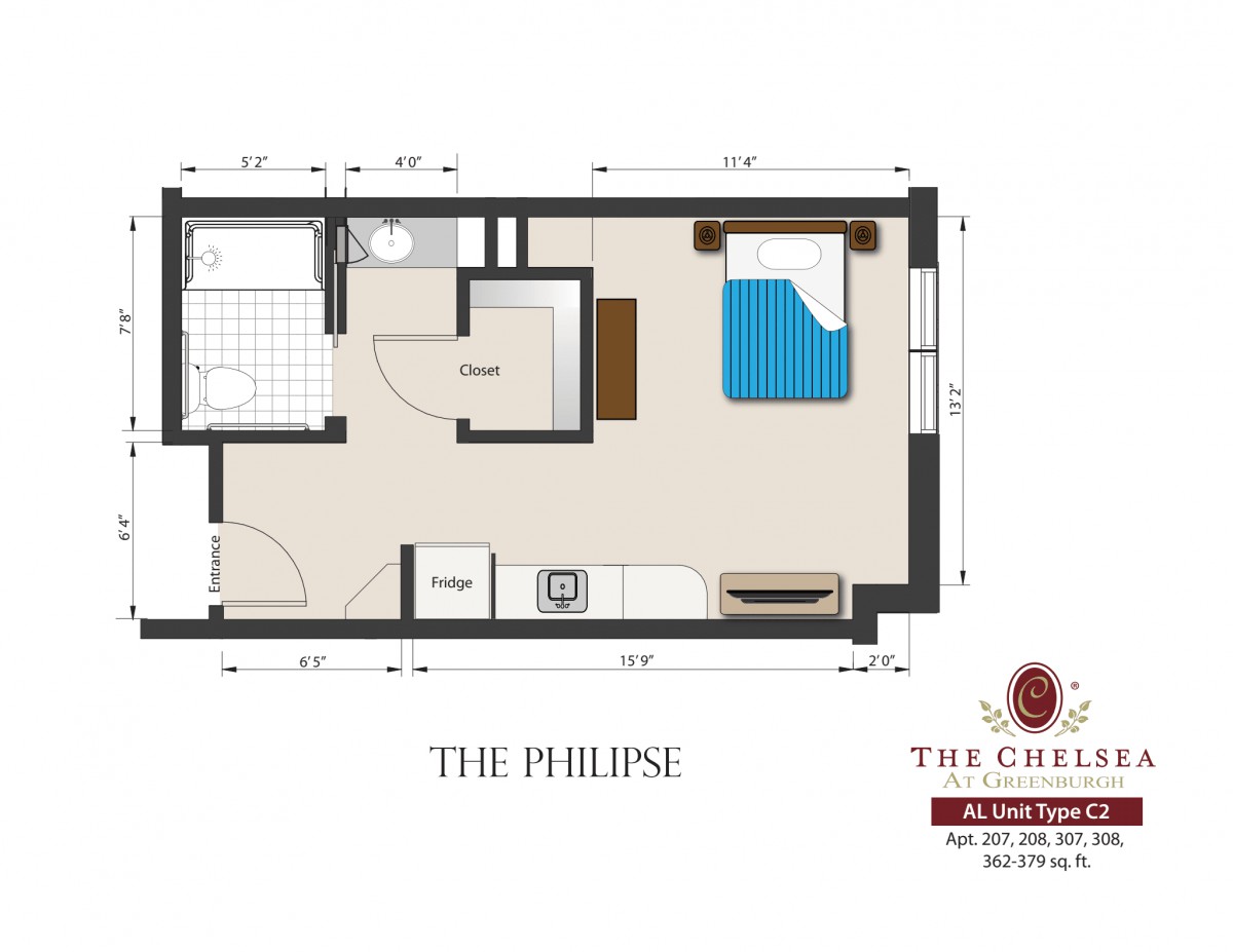 Floor plan of a compact apartment unit named 'The Philippe'.