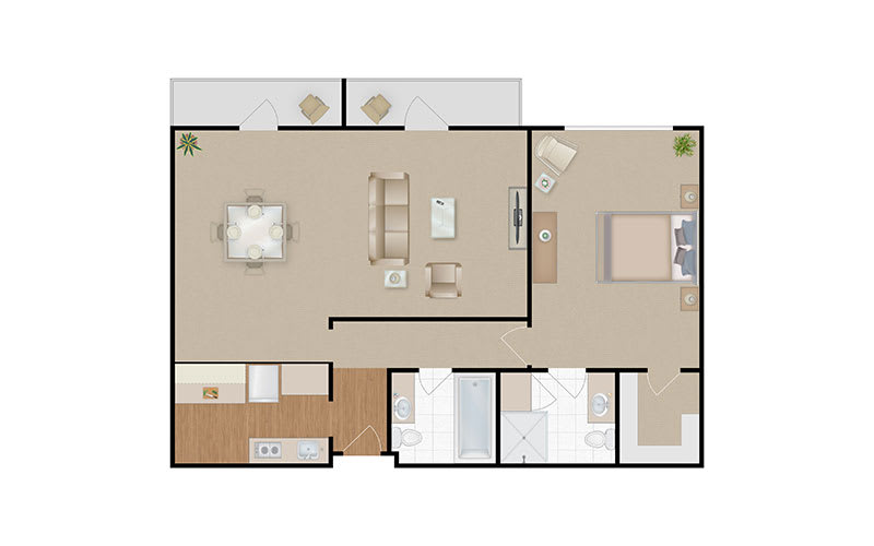 A floor plan of a one-bedroom apartment with a spacious living area and kitchen.