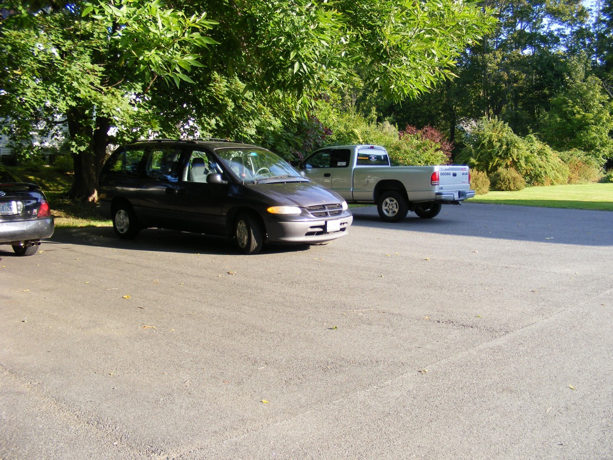 A minivan and a truck parked in a sunny parking lot surrounded by trees.