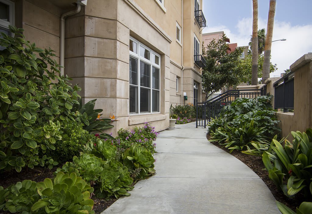 An exterior view of an apartment building with a landscaped walkway.