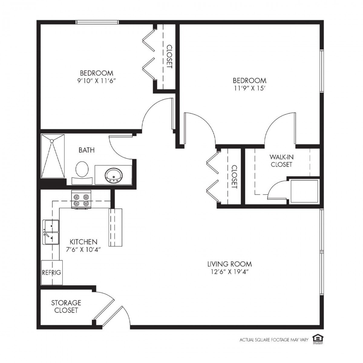 A floor plan of a two-bedroom apartment with one bathroom, kitchen, and living room.