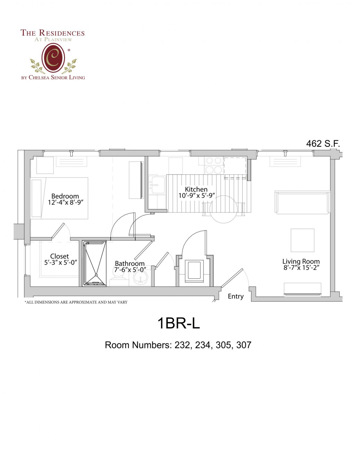 Floor plan of a 1-bedroom apartment showing layout and room numbers.