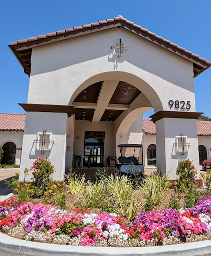 A beautiful entrance showcasing a blend of architectural elegance and vibrant landscaping.