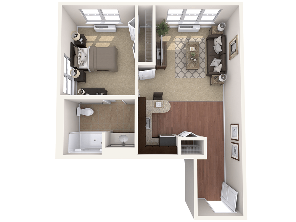 A 3D floor plan of a one-bedroom apartment with living, kitchen, and bathroom areas.