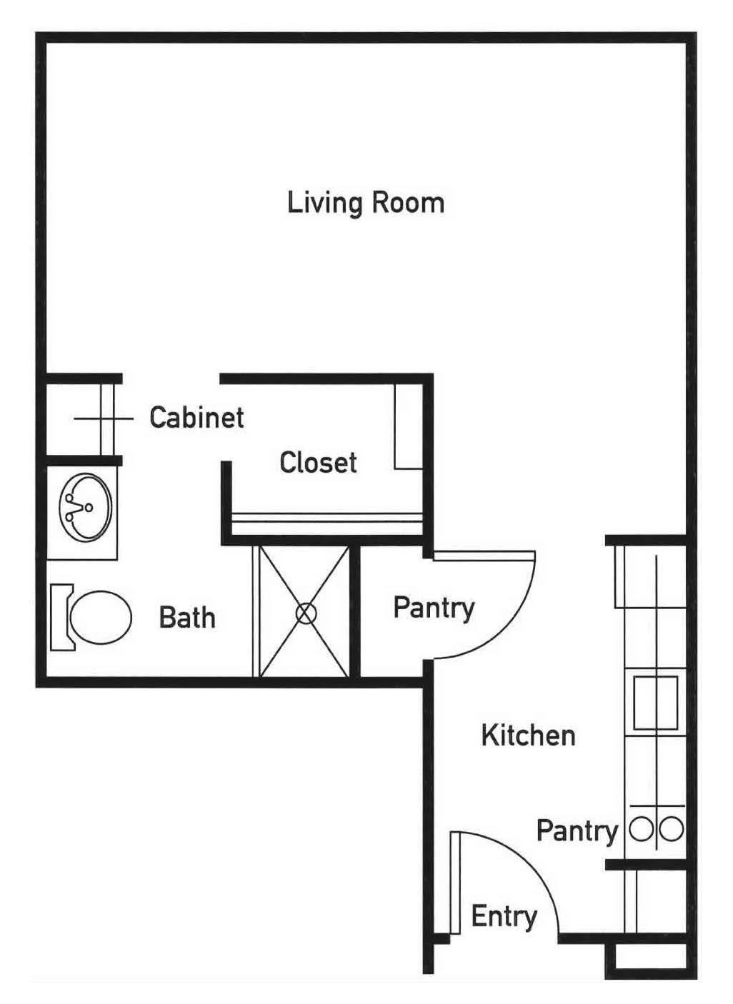 A simple apartment floor plan featuring a living room, kitchen, bathroom, closet, and pantry.