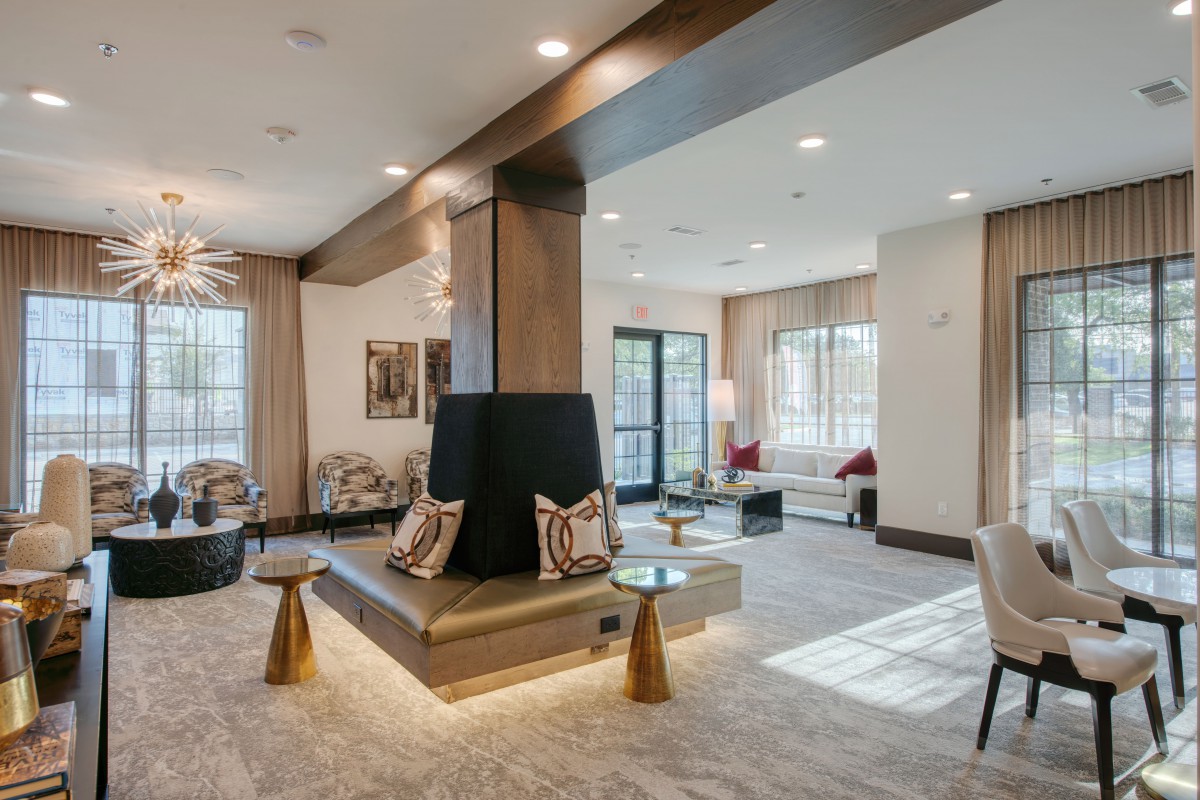 Modern lobby interior with comfortable seating and stylish decor.