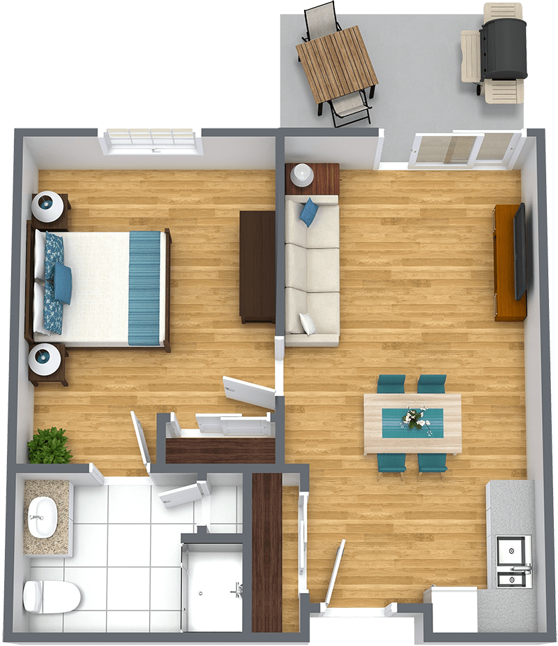 A 3D-rendered floor plan of a one-bedroom apartment featuring a living room, kitchen, and bathroom.