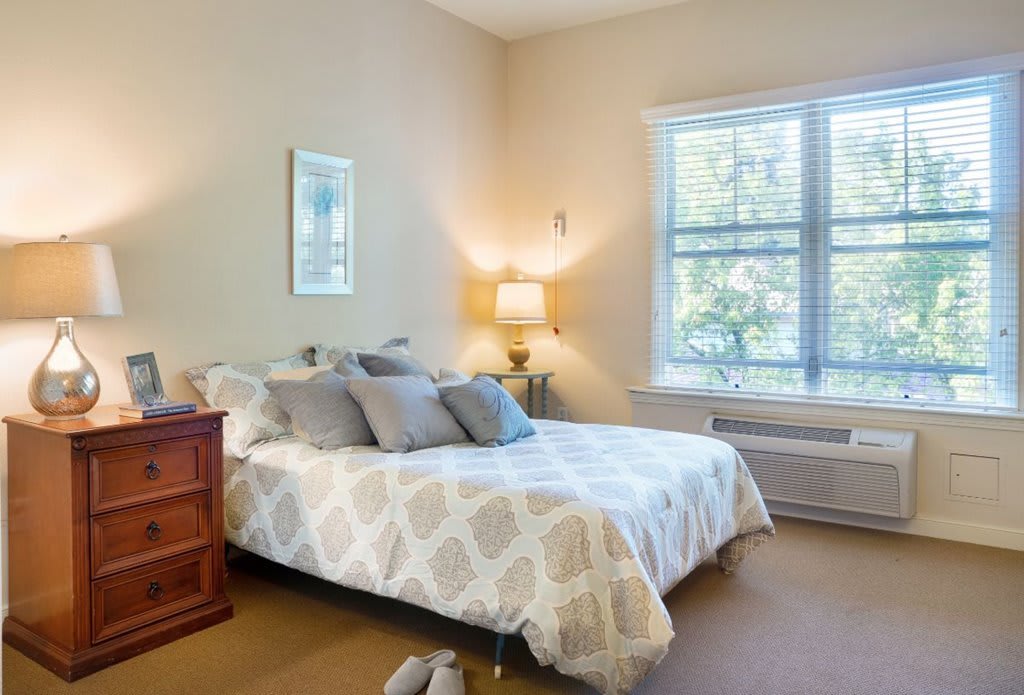 A cozy bedroom with a neatly made bed, bedside table, and lamp by the window.
