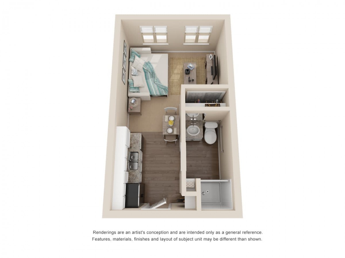 A 3D floor plan of a cozy one-bedroom apartment featuring a bedroom, bathroom, kitchen, and living area.