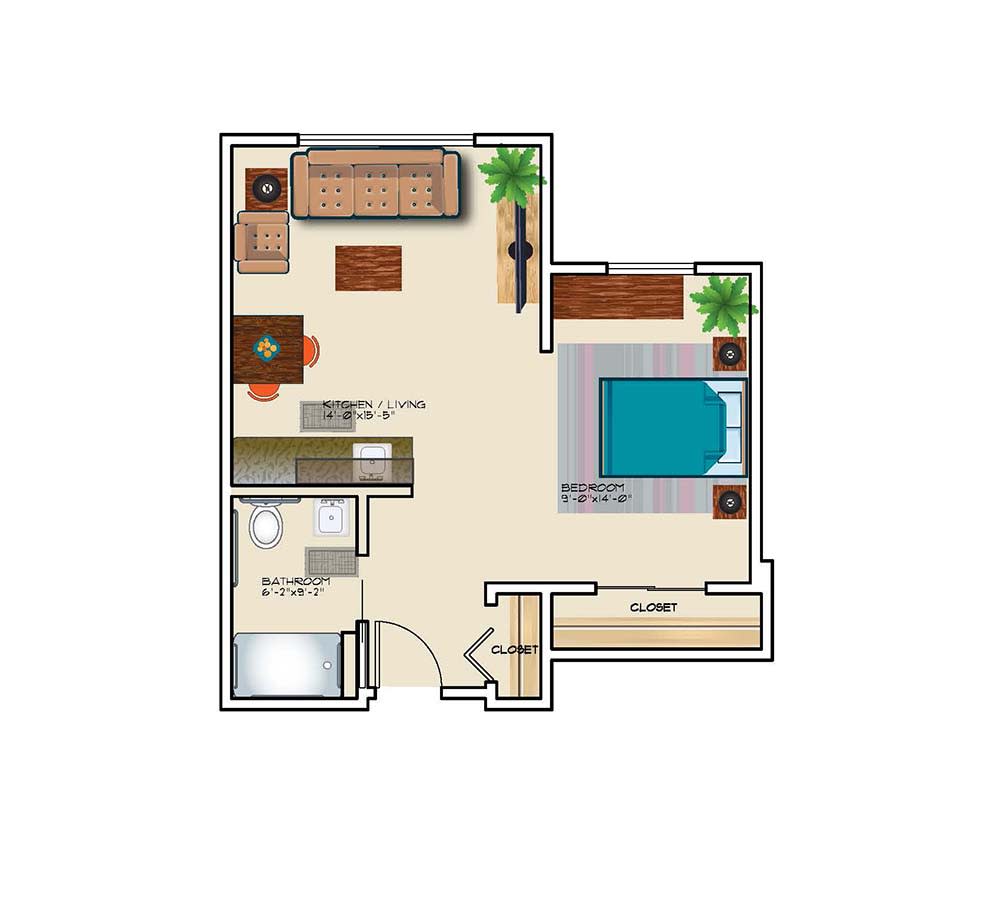 This is a floor plan of a one-bedroom apartment, featuring a living room, kitchen, and bathroom.