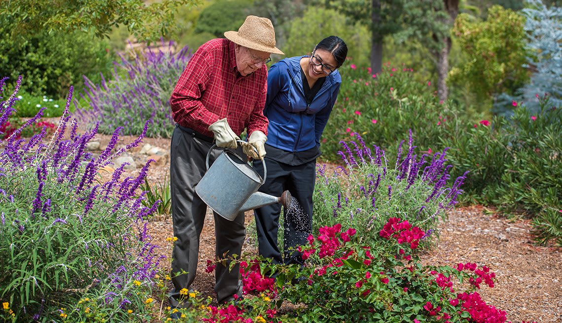 An elderly man and a woman tending to flowers in a garden.