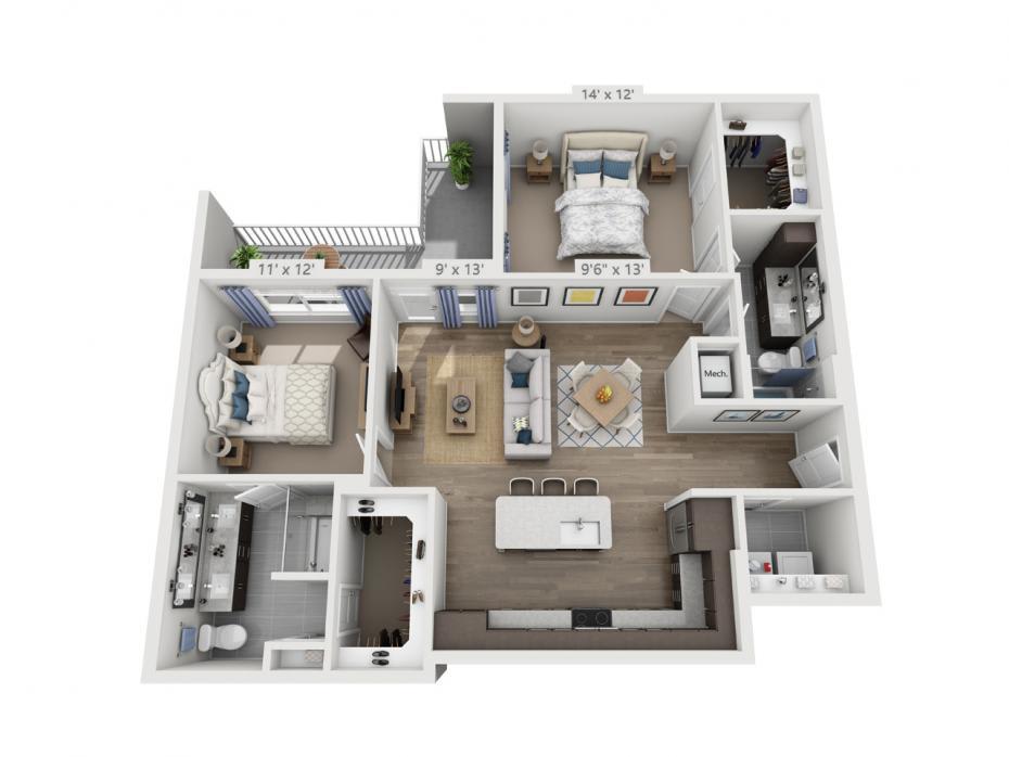 A modern apartment floor plan featuring two bedrooms, a living room, kitchen, and bathroom.