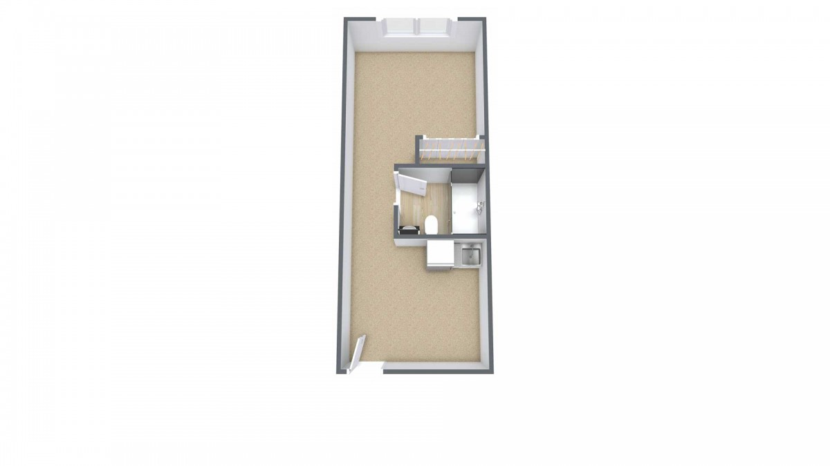 3D floor plan of a small apartment layout.