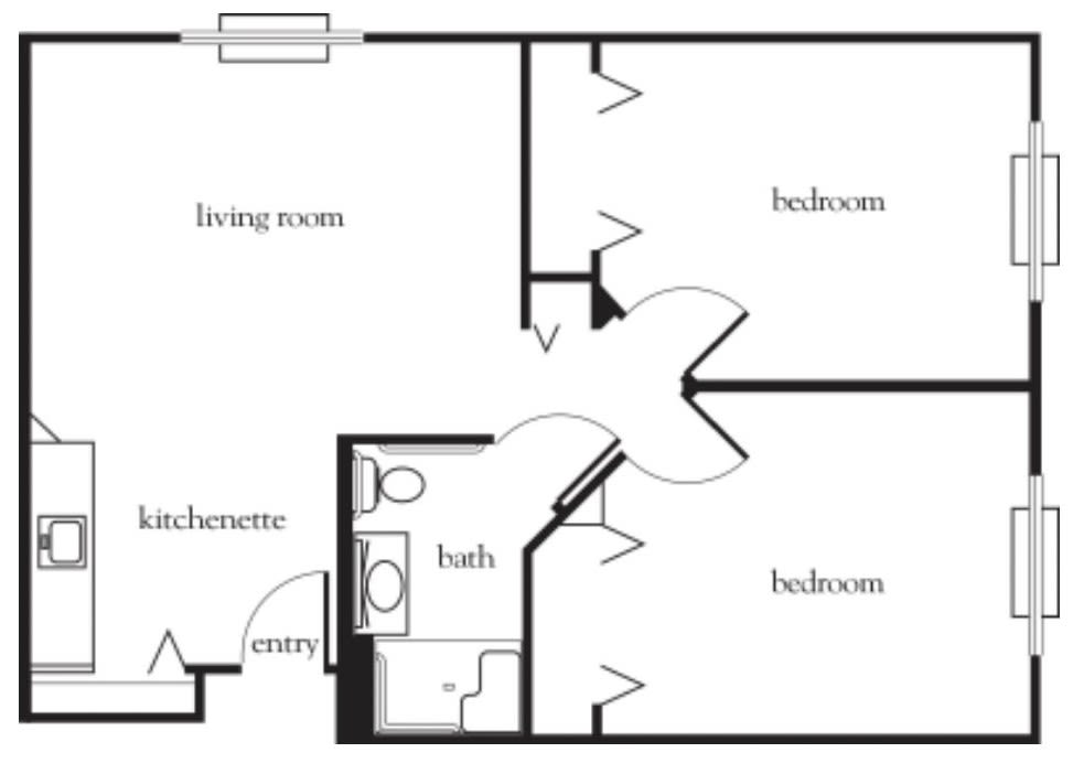 A simple floor plan of an apartment featuring a living room, kitchen, bathroom, and two bedrooms.
