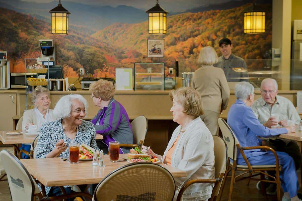 Seniors enjoying a meal and conversation in a restaurant with scenic wall art.