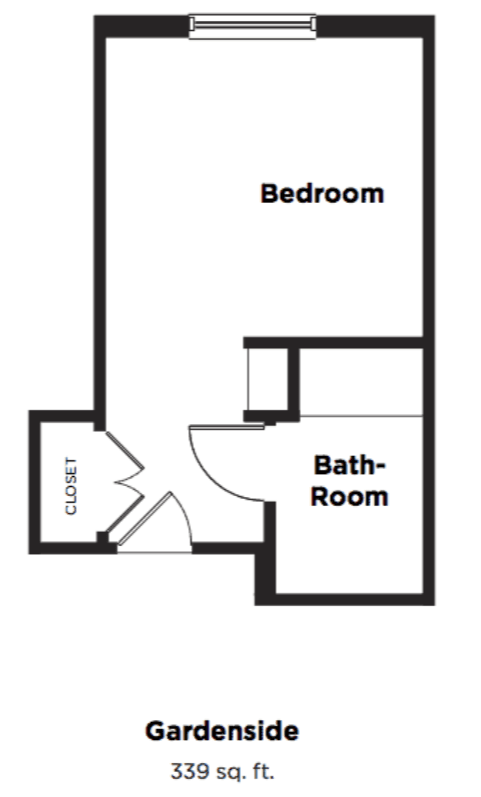 A simple floor plan showing a bedroom, bathroom, and closet layout.